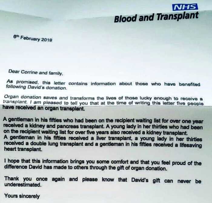 Жена британца, умершего от опухоли мозга, получила письмо со списком людей, которых он спас