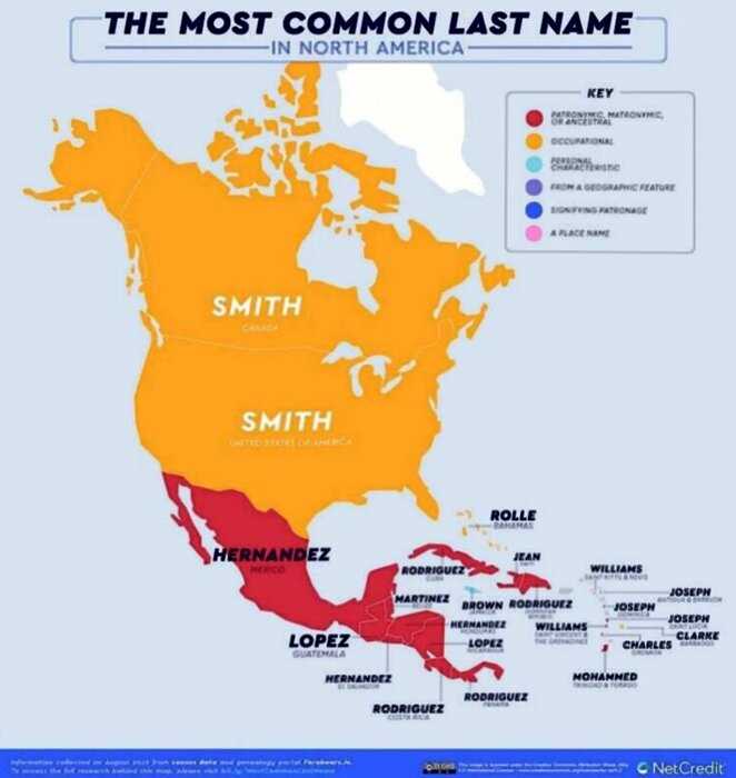 В сети создали карту, демонстрирующую самые распространённые фамилии в разных странах мира