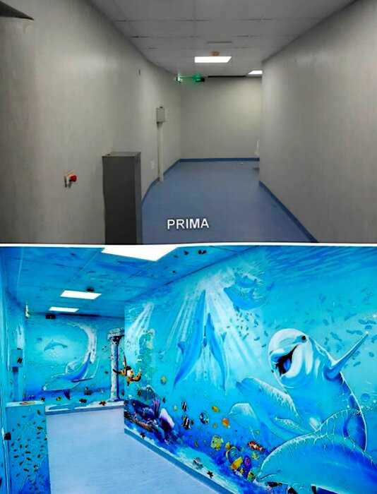 Художник расписывает стены в больницах, чем поднимает настроение, как детям, так и взрослым