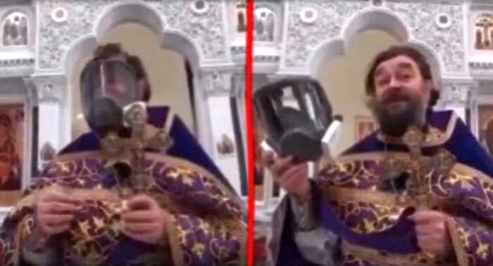 Российский священник пришёл на проповедь в противогазе, чтобы потроллить народ
