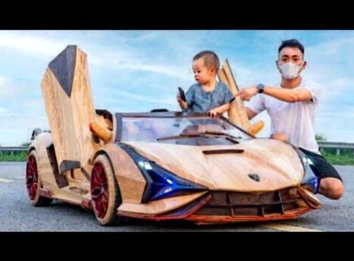 Потрясающий детский электрический Lamborghini Sian, созданный вручную из дерева